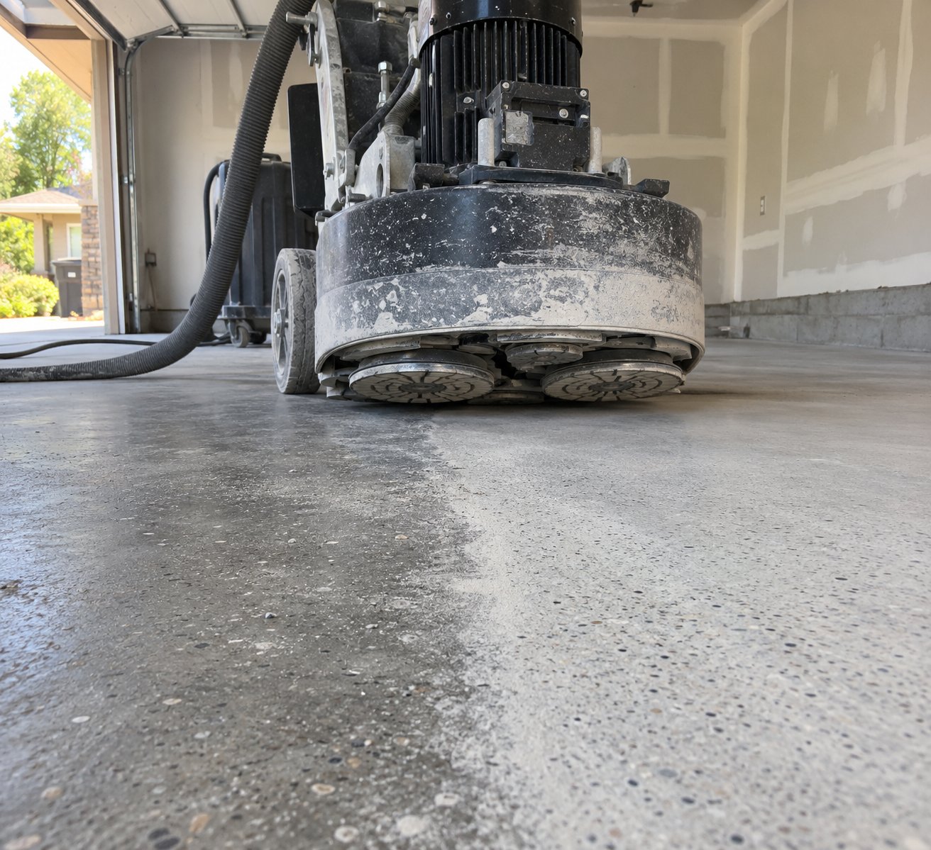Diamond grinder prepping a garage floor