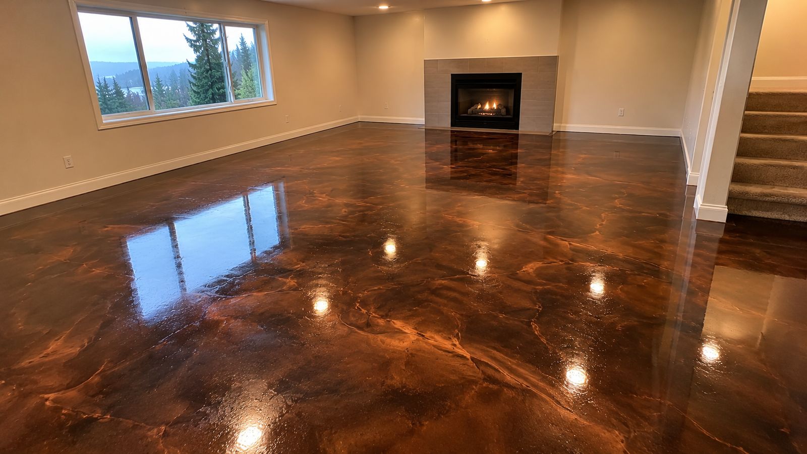 Copper metallic floor in a basement family room