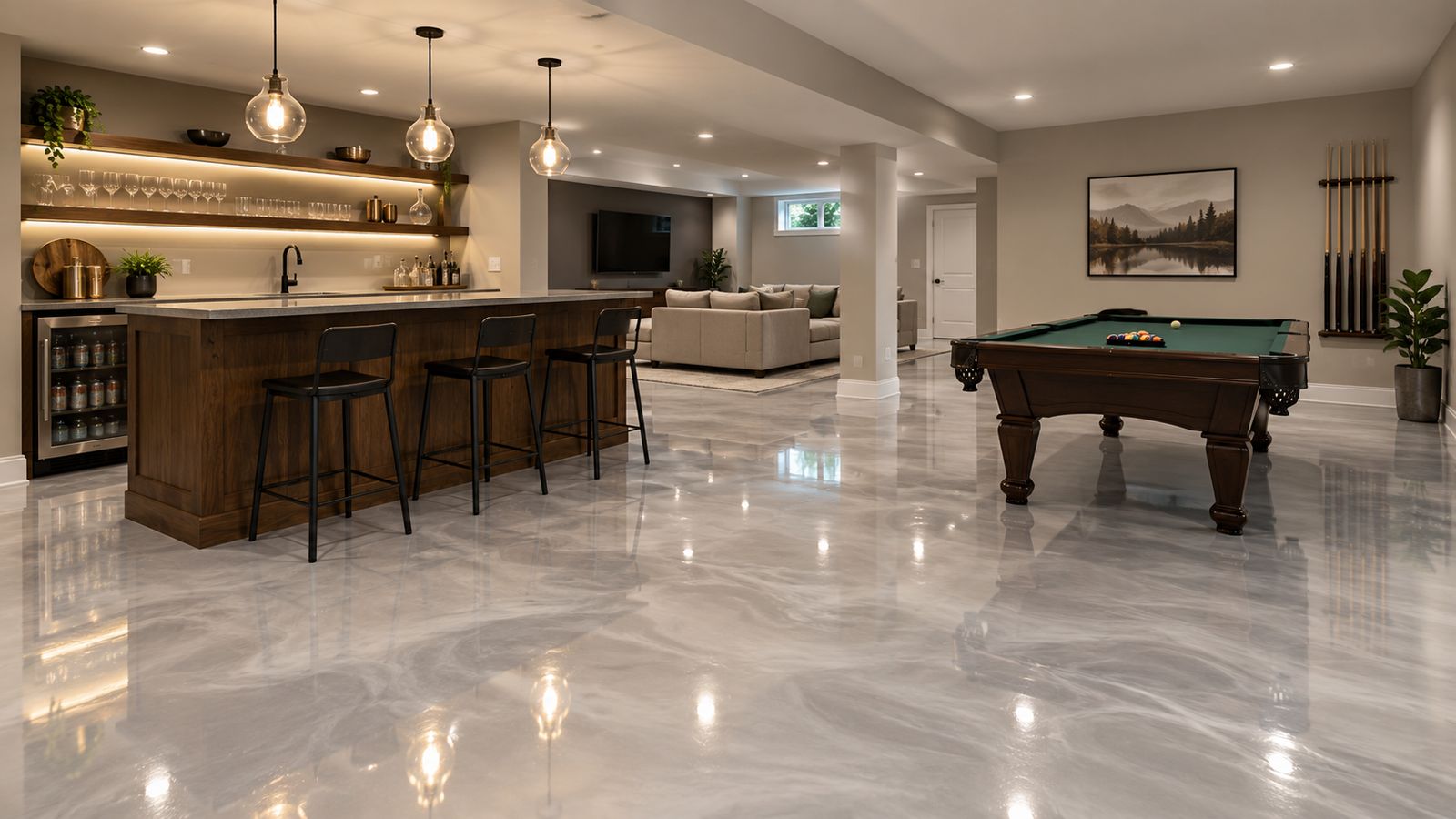 Pearl metallic floor in a basement bar and game room