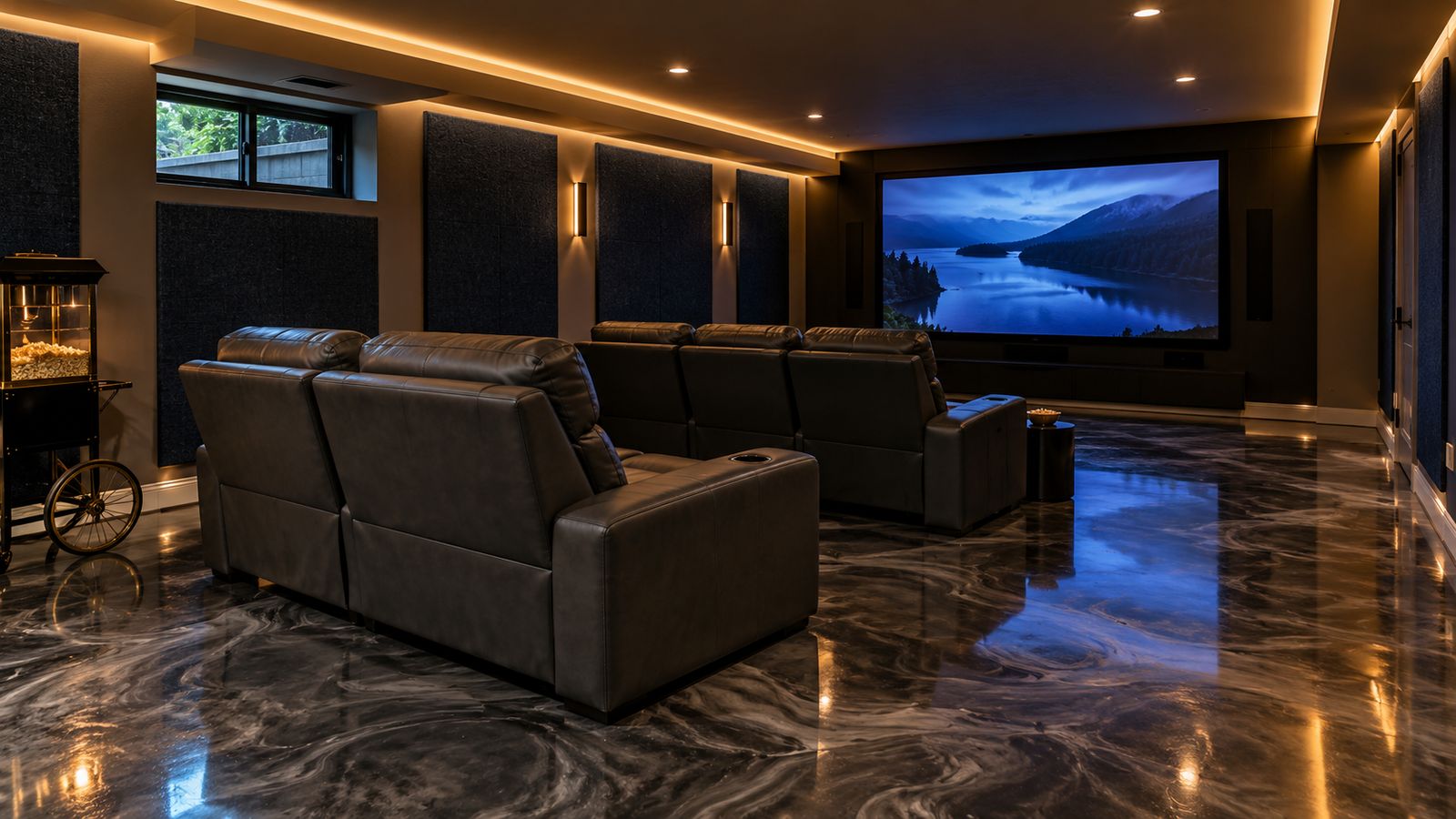Charcoal metallic floor in a basement home theater