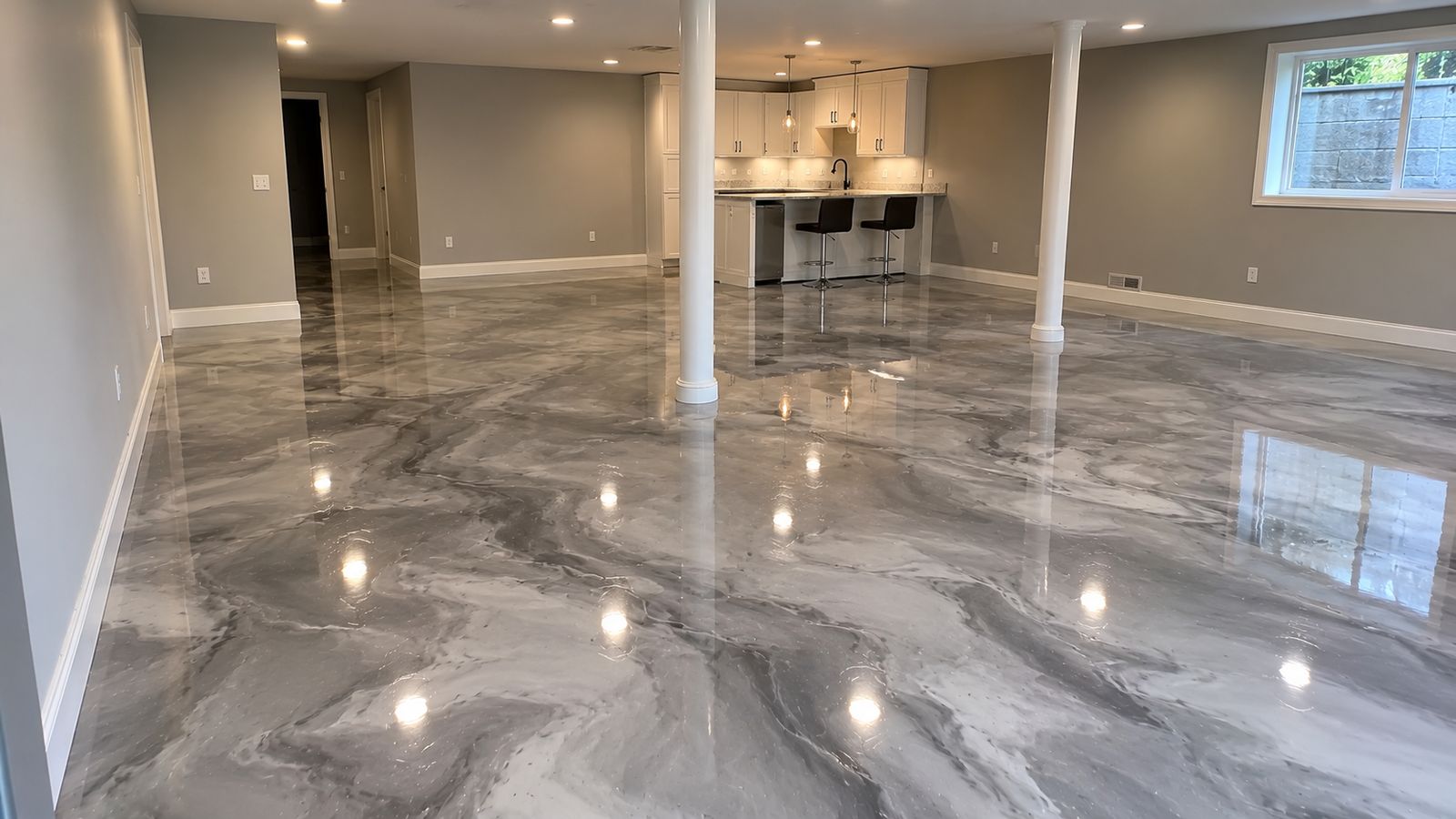 Gray metallic epoxy basement floor