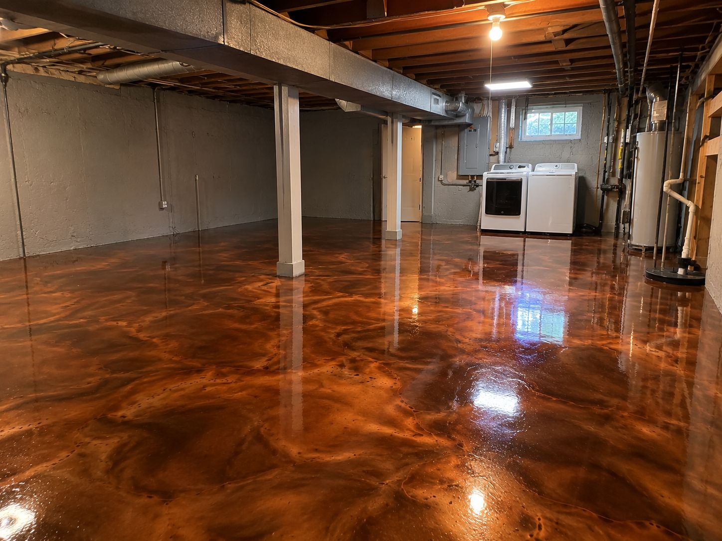 Copper metallic floor in a basement with an open ceiling