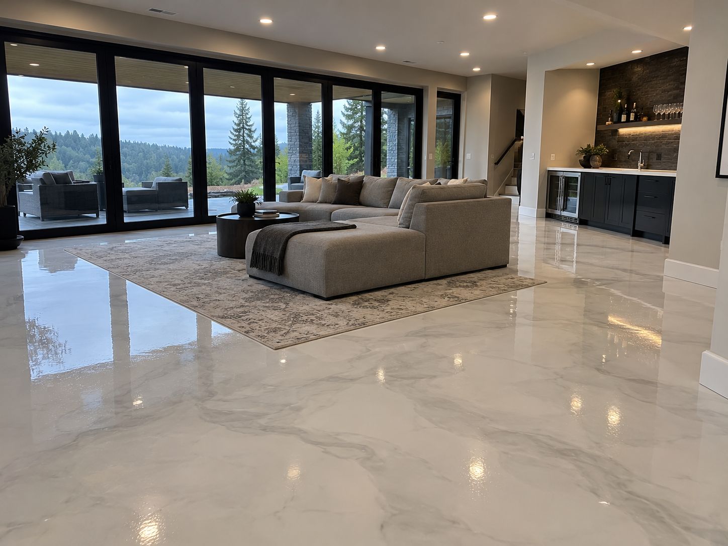 White metallic floor in a walk-out basement