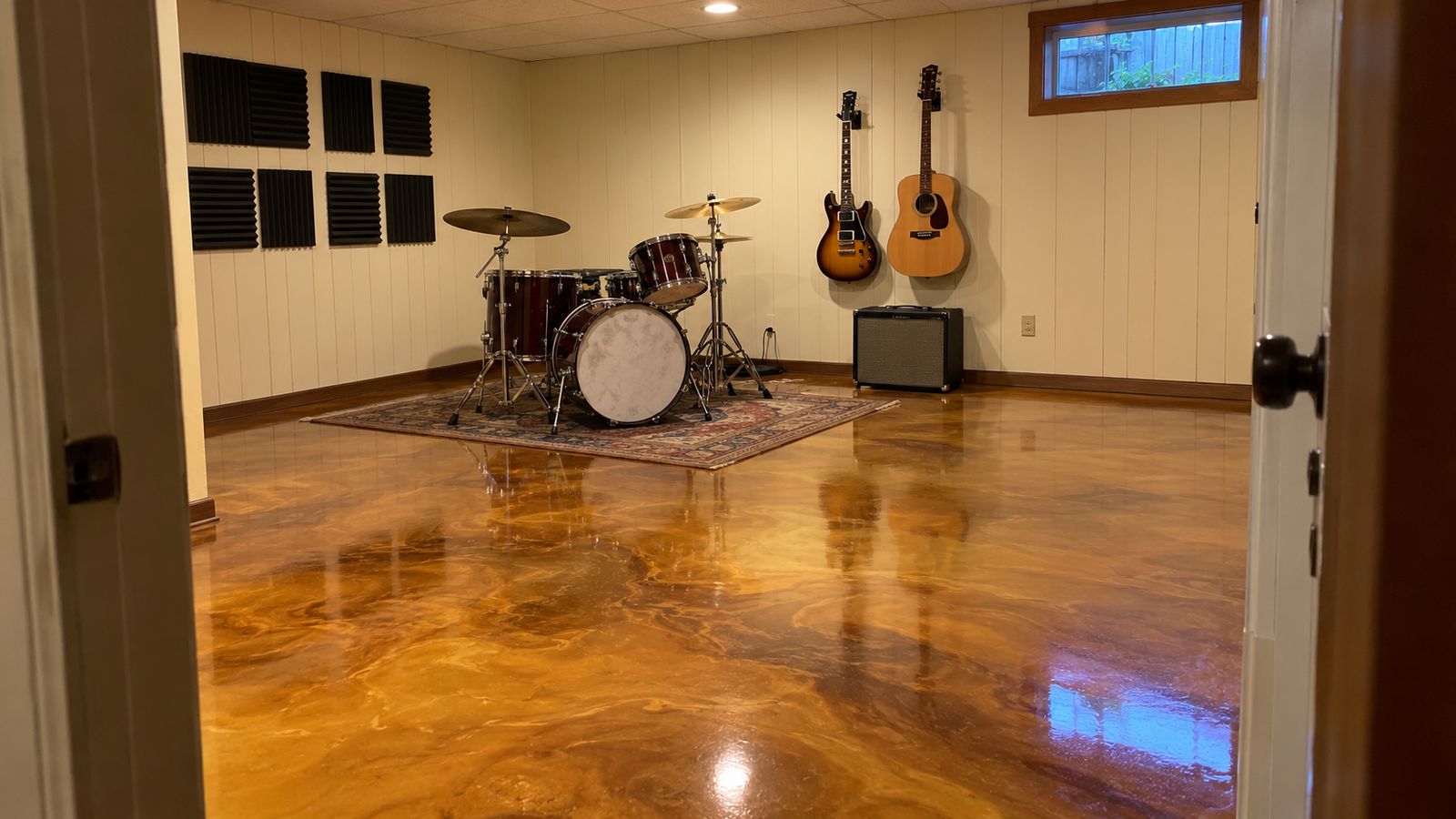Gold metallic floor in a basement music room