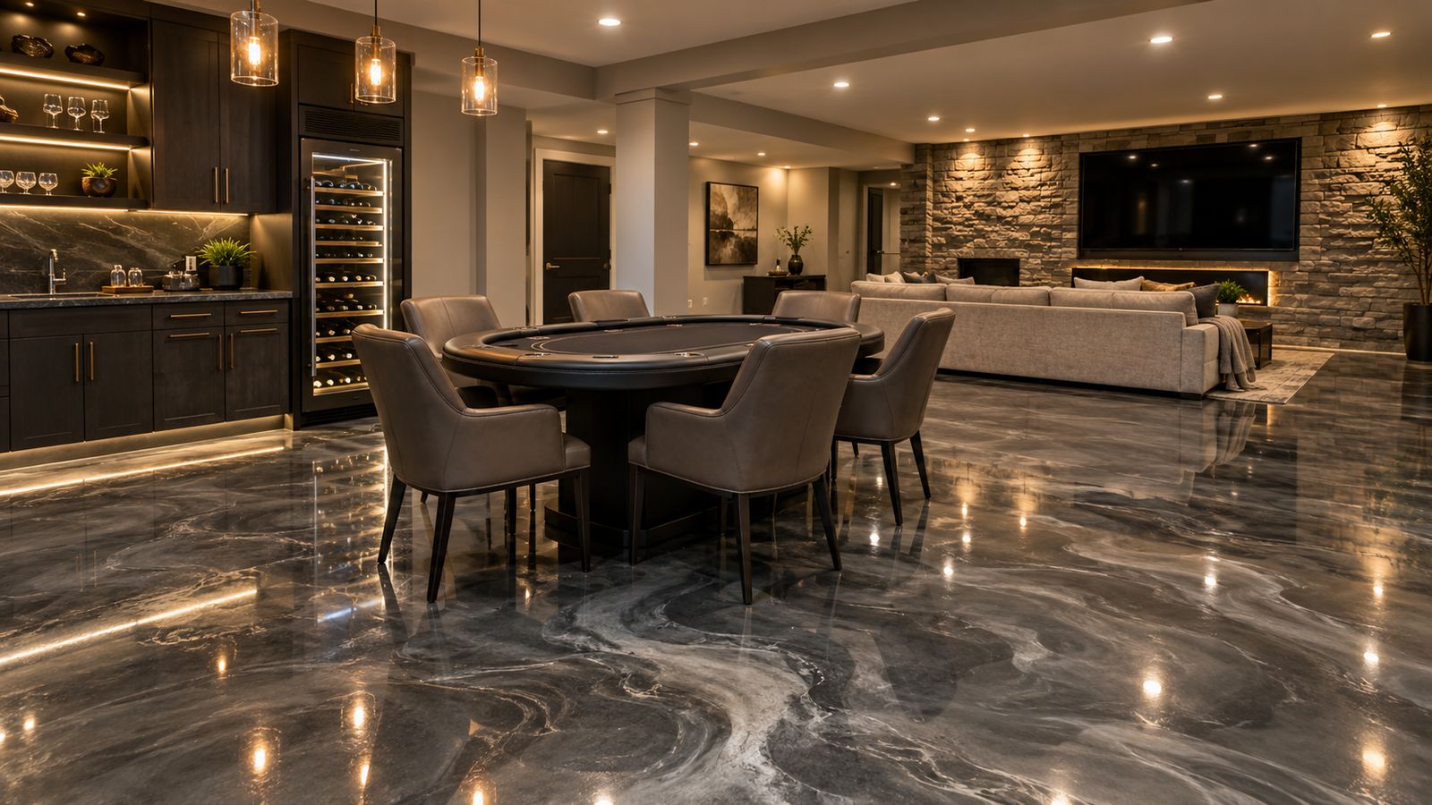 Charcoal metallic floor in a basement game lounge