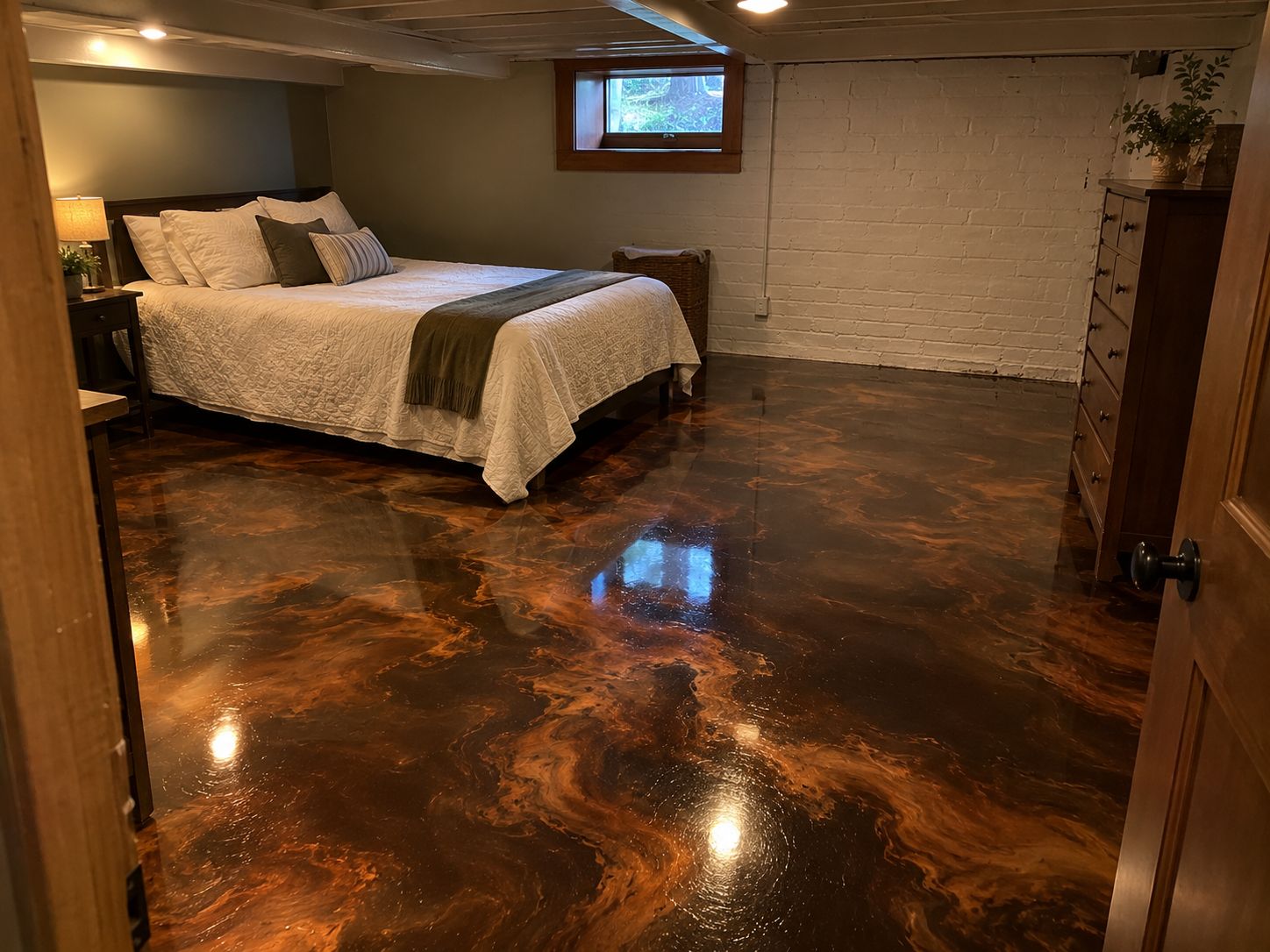 Copper metallic floor in a basement guest room