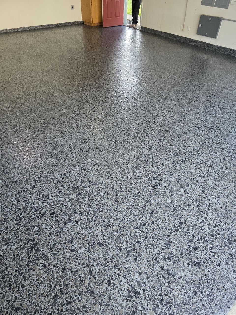Dark charcoal epoxy flake garage floor installed by 360 Surfaces, Vancouver WA