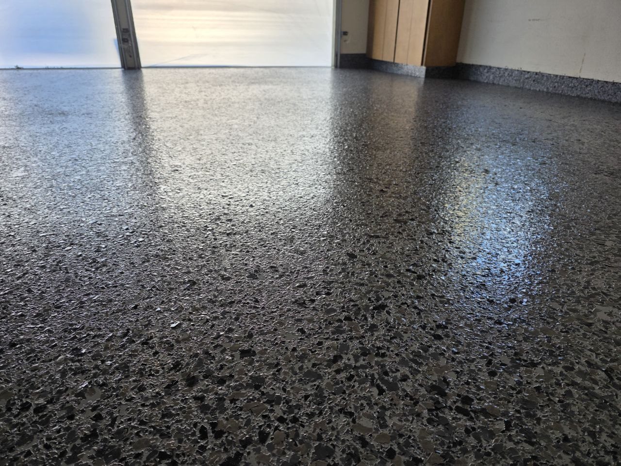 Dark charcoal epoxy flake garage floor installed by 360 Surfaces, Vancouver WA